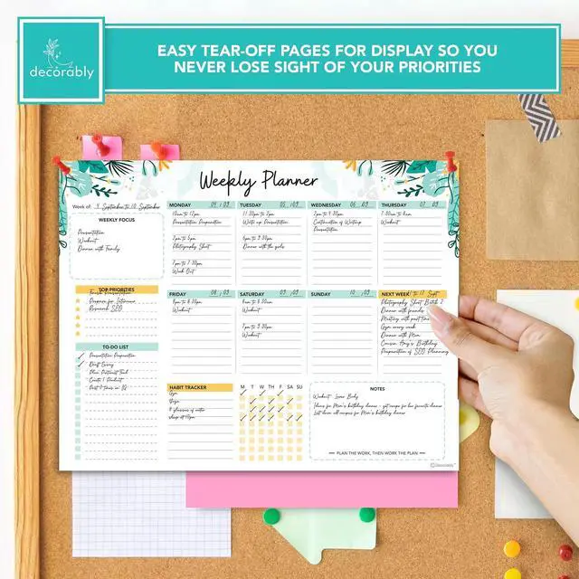 Alt view image 5 of 6 - Decorably 52 Sheets Mint Green Undated Weekly Planner Notepad | 11x8.5in Mint Green Weekly Tear-Off Desk Planner Pad - Spring-Bound with Priorities, Habit Tracker, Focus & Notes