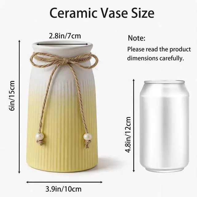 Alt view image 2 of 7 - Small Ceramic Vase for Home Decor, 6" Farmhouse Ribbed Vase with Twine Bow, Yellow Decorative Flower Vase for Pampas Grass, Rustic Boho Vase for Table, Shelf, Living Room, Office