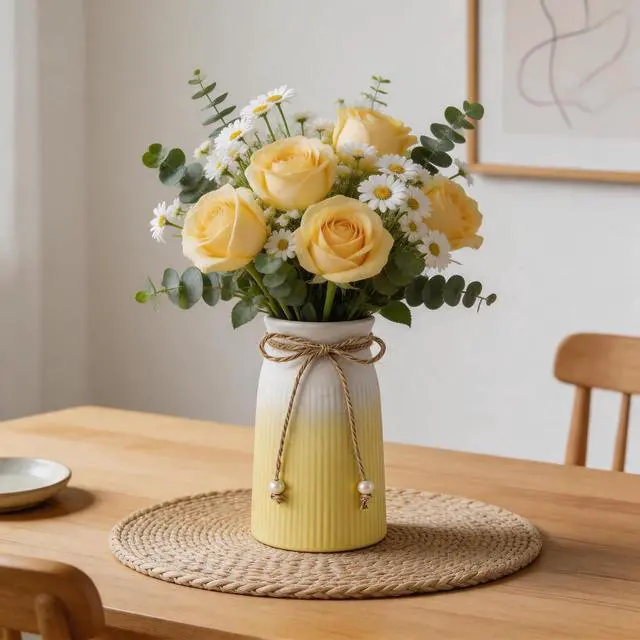 Alt view image 3 of 7 - Small Ceramic Vase for Home Decor, 6" Farmhouse Ribbed Vase with Twine Bow, Yellow Decorative Flower Vase for Pampas Grass, Rustic Boho Vase for Table, Shelf, Living Room, Office