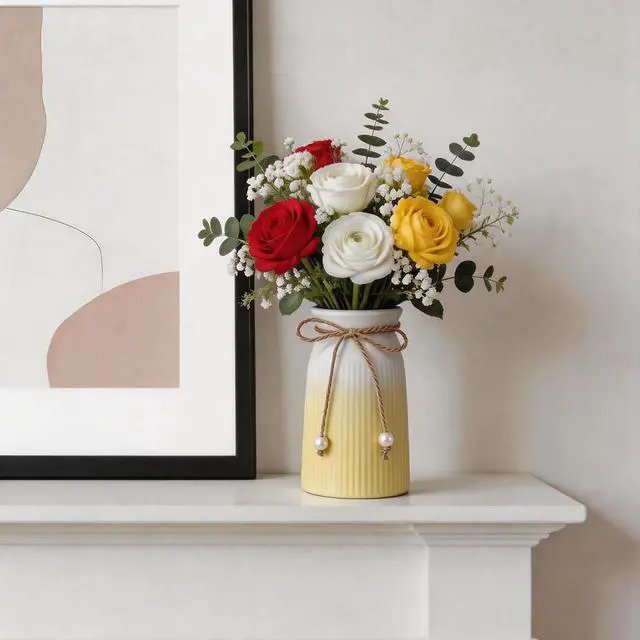 Alt view image 6 of 7 - Small Ceramic Vase for Home Decor, 6" Farmhouse Ribbed Vase with Twine Bow, Yellow Decorative Flower Vase for Pampas Grass, Rustic Boho Vase for Table, Shelf, Living Room, Office