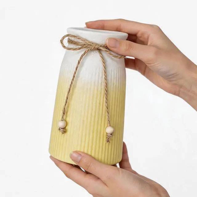 Alt view image 4 of 7 - Small Ceramic Vase for Home Decor, 6" Farmhouse Ribbed Vase with Twine Bow, Yellow Decorative Flower Vase for Pampas Grass, Rustic Boho Vase for Table, Shelf, Living Room, Office