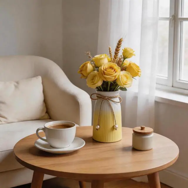 Alt view image 5 of 7 - Small Ceramic Vase for Home Decor, 6" Farmhouse Ribbed Vase with Twine Bow, Yellow Decorative Flower Vase for Pampas Grass, Rustic Boho Vase for Table, Shelf, Living Room, Office