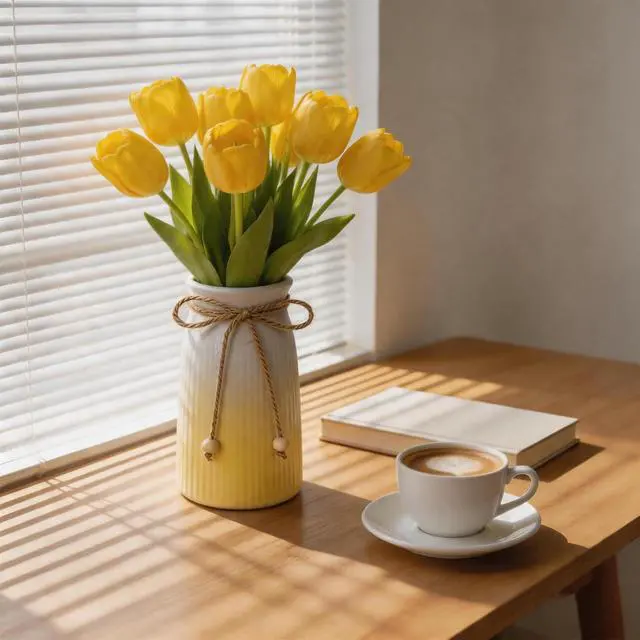 Alt view image 7 of 7 - Small Ceramic Vase for Home Decor, 6" Farmhouse Ribbed Vase with Twine Bow, Yellow Decorative Flower Vase for Pampas Grass, Rustic Boho Vase for Table, Shelf, Living Room, Office