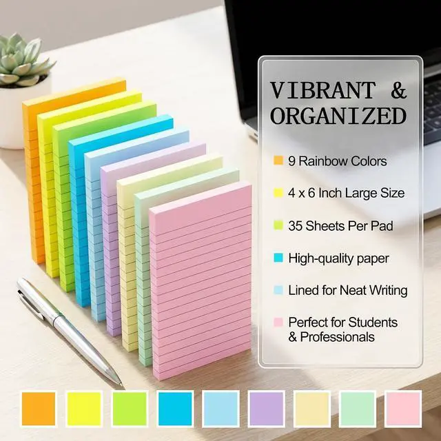 Alt view image 2 of 7 - Lined Sticky Notes 4x6 in, Strong Adhesive Self Stick Note Pads | Sticky Notes with Lines, 9 Colorful Options, Perfect for Office, Classroom, Task Reminders, Smooth Writing(9 Pack)