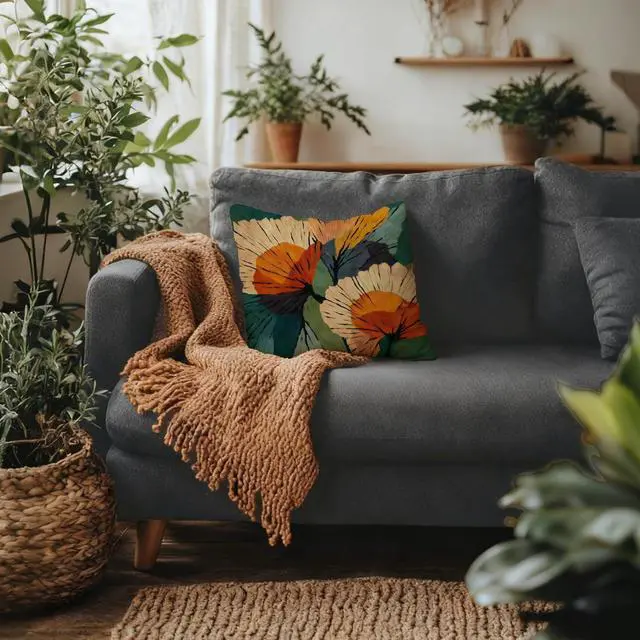 Alt view image 4 of 6 - Abstract Botanical Art Floral Pillow Covers 18x18, Mid Century Modern Terracotta and Orange Flower Decorative Throw Pillow Covers Pillowcases for Living Room Home Bedroom