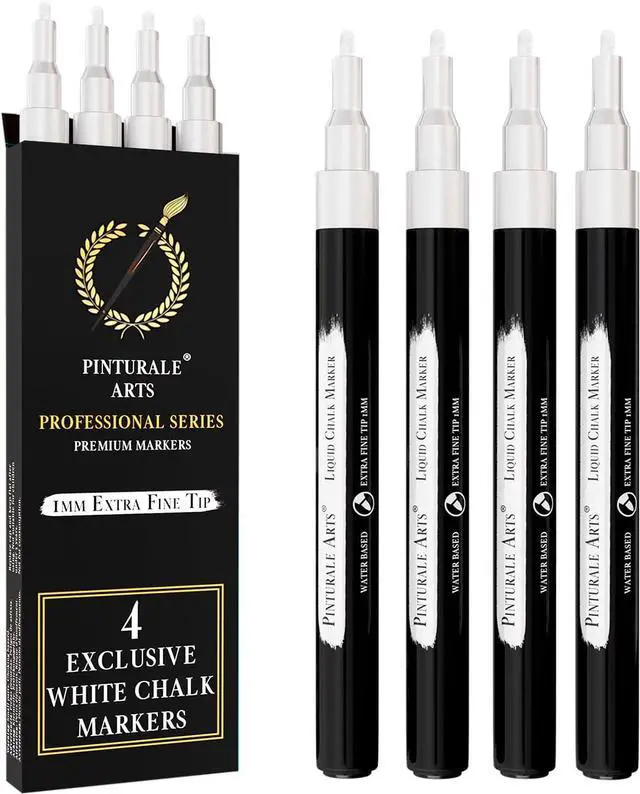 Main image of Pinturale Arts® 4 White Chalk Markers Fine Tip | 1mm Tip | For Windows, Blackboard, Dry Erase Board, Chalkboards, Glass, Easy Erase | White Chalk Pens Fine Tip