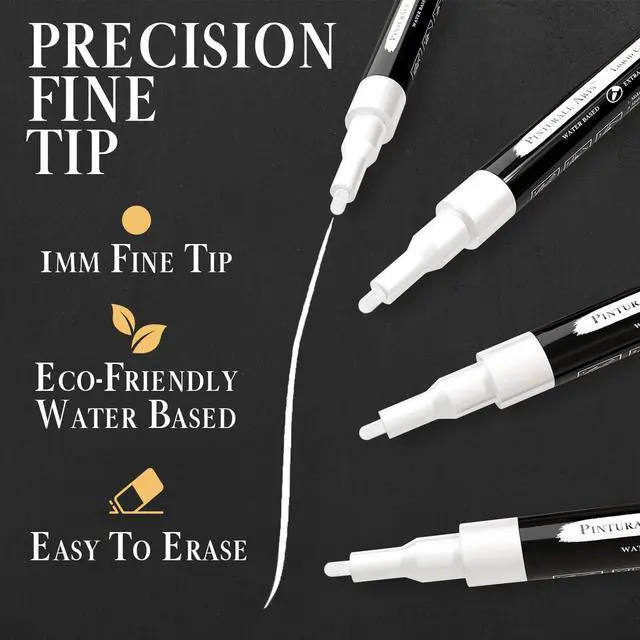 Alt view image 2 of 7 - Pinturale Arts® 4 White Chalk Markers Fine Tip | 1mm Tip | For Windows, Blackboard, Dry Erase Board, Chalkboards, Glass, Easy Erase | White Chalk Pens Fine Tip
