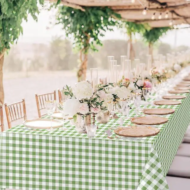 Alt view image 7 of 7 - Hallswl 3pcs 54X108inch Sage Green Plastic Gingham Tablecloth | Green White Checkered Tablecloths Plaid Disposable Table Covers for Birthday Baby Shower Bridal Wedding Party Decorations