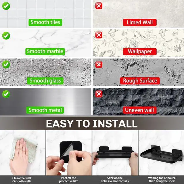 Alt view image 6 of 6 - HINIHAO 2pc Wall Mounted Floating Shelf, Self Adhesive Small Shelf | No Drill Shelves for Wall, Floating Shelves Damage-Free Expand Walls Space for Living Room Kitchen Bathroom