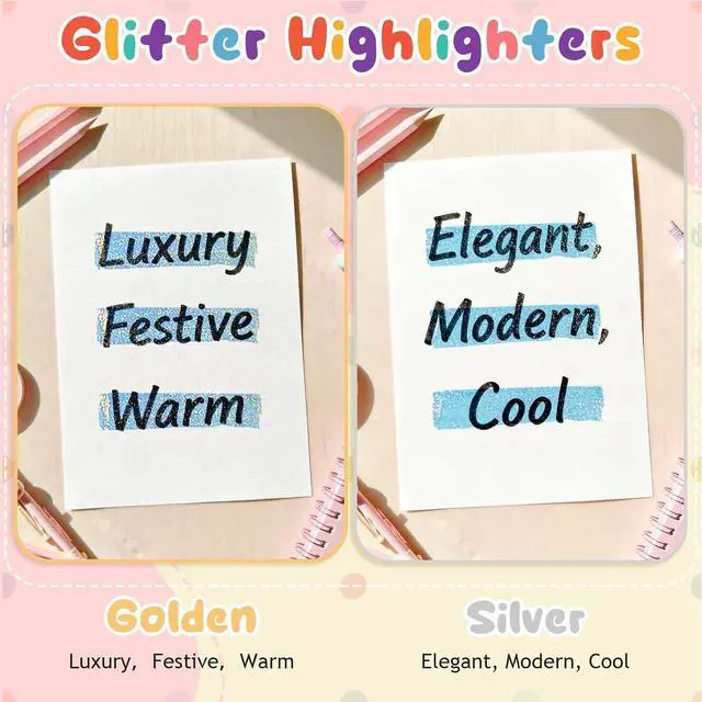 Alt view image 6 of 7 - Glitter Highlighters, 6 Assorted Colors Quick-Dry Chisel Tip | Metallic Shimmer Finish | Water-Based for Journaling, Studying & Creative Projects