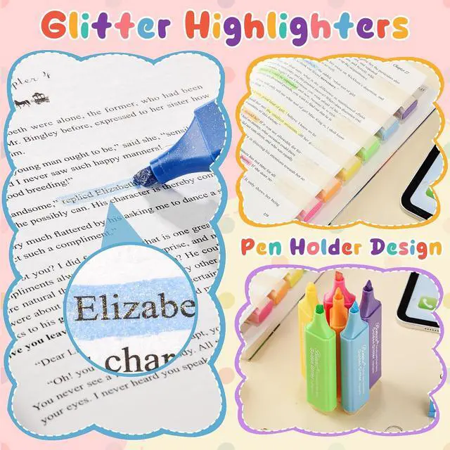 Alt view image 7 of 7 - Glitter Highlighters, 6 Assorted Colors Quick-Dry Chisel Tip | Metallic Shimmer Finish | Water-Based for Journaling, Studying & Creative Projects