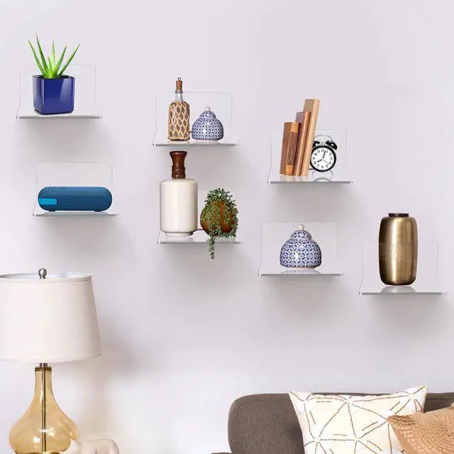 Alt view image 2 of 5 - 4 Pack Small Wall Shelf, 4'' Acrylic Wall Shelves Display Ledges for Storage & Decoration, Small Floating Shelf for Wall with 2 Types of Installation (Adhesive or Screw)