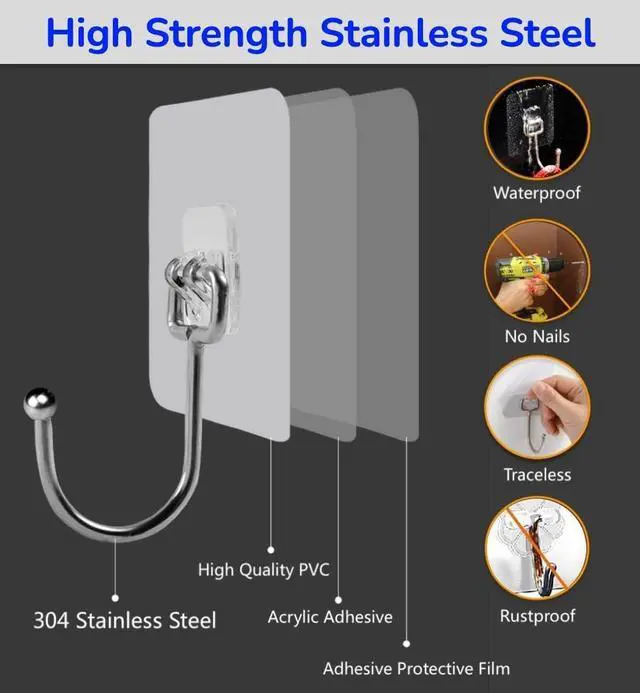 Alt view image 4 of 7 - Large Adhesive Hooks, 8-Pack Sticky Hangers for Hanging Heavy Duty, Transparent Waterproof Oil-Proof and Rustproof, Towel and Coats Hooks for Bathroom,Kitchen Home and Office