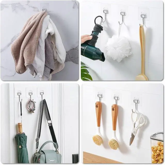 Alt view image 5 of 7 - Large Adhesive Hooks, 8-Pack Sticky Hangers for Hanging Heavy Duty, Transparent Waterproof Oil-Proof and Rustproof, Towel and Coats Hooks for Bathroom,Kitchen Home and Office