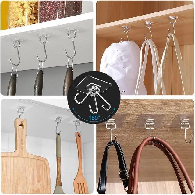 Alt view image 7 of 7 - Large Adhesive Hooks, 8-Pack Sticky Hangers for Hanging Heavy Duty, Transparent Waterproof Oil-Proof and Rustproof, Towel and Coats Hooks for Bathroom,Kitchen Home and Office