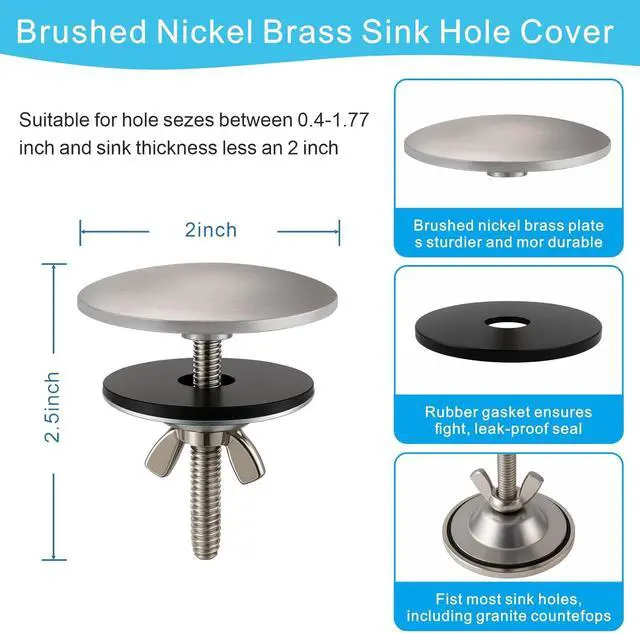 Alt view image 2 of 6 - Kitchen Sink Hole Cover, Faucet Hole Cover for Sink Sprayer Plug | 2 Inch Sink Hole Cap, Solid Brass with Brushed Nickel Finish for Kitchen Bathroom Soap Dispenser and Sprayer Holes