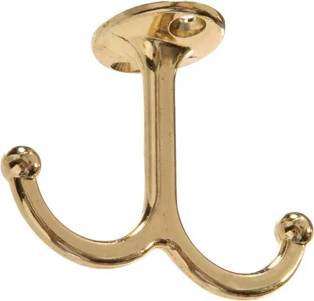 Main image of Hardware Essentials 852305 Under Shelf Coat Hook Brass Plated -2 Pack | Brass construction, Double hook design mounts flush under shelves for coats, hats, bags, towels in closets and bathrooms
