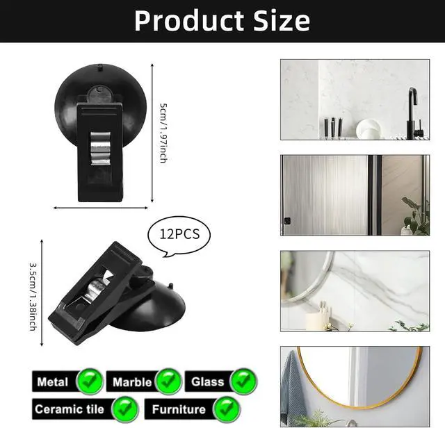 Alt view image 2 of 7 - 12packs Suction Cups with Clips for Shower Curtains, Windproof Guard Splash Clips for Wall, Hold Curtains Closed (Black)