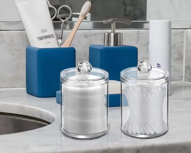 Alt view image 6 of 6 - DAPOWER 3 Pack Qtip Holder Storage Canister for Cotton Ball Cotton Swab | 10-Ounce Clear Plastic Apothecary Jar with Lid, Bathroom Makeup Organizer, Q Tip Holder, Floss Holder