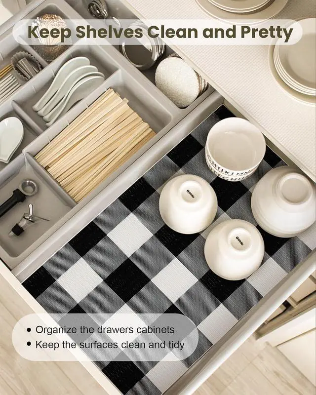 Alt view image 2 of 7 - Shelf Drawer Liners for Kitchen Cabinet Non-Adhesive 11.8In x 10FT | Non-Slip Contact Paper Strong Grip Thickened Checkered Paper for Shelves, Cupboard, Pantry, Black and White Buffalo Plaid
