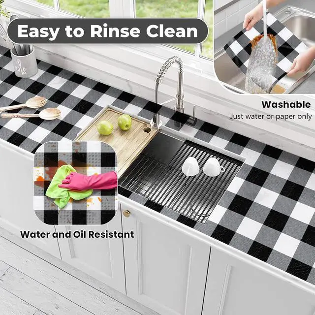Alt view image 4 of 7 - Shelf Drawer Liners for Kitchen Cabinet Non-Adhesive 11.8In x 10FT | Non-Slip Contact Paper Strong Grip Thickened Checkered Paper for Shelves, Cupboard, Pantry, Black and White Buffalo Plaid