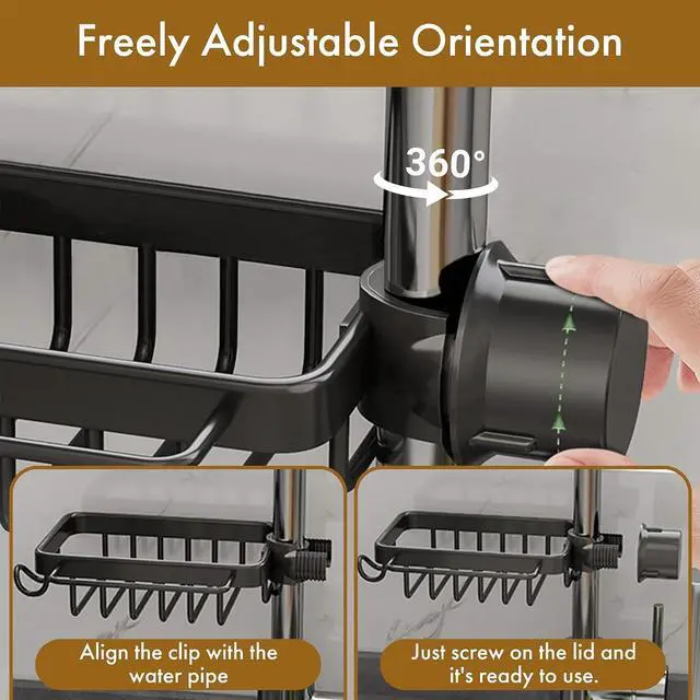 Alt view image 4 of 7 - Over Sink Organizer for Sponge & Dishcloth - No Drill Faucet Caddy (Fits 0.7"-1.1" Taps), Black | Rust-Proof Aluminum | Modern Kitchen Drain Rack