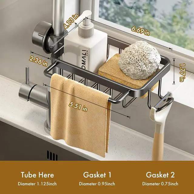 Alt view image 5 of 7 - Over Sink Organizer for Sponge & Dishcloth - No Drill Faucet Caddy (Fits 0.7"-1.1" Taps), Black | Rust-Proof Aluminum | Modern Kitchen Drain Rack