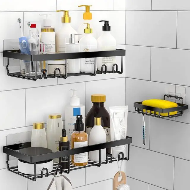 Main image of Moforoco 3-Pack Shower Caddy Basket Shelf with Soap Holder, No Drilling Traceless Adhesive Shower Wall Shelves, Rustproof Black Bathroom Shower Storage Organizer