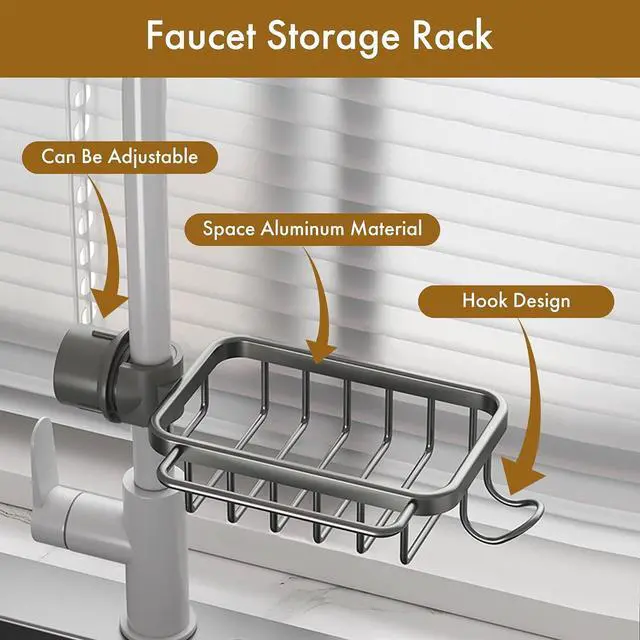 Alt view image 7 of 7 - Over Sink Organizer for Sponge & Dishcloth - No Drill Faucet Caddy (Fits 0.7"-1.1" Taps), Black | Rust-Proof Aluminum | Modern Kitchen Drain Rack
