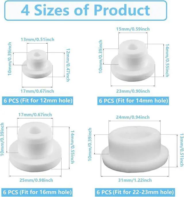 Alt view image 2 of 7 - Bathtub Jet Covers 24 PCS Silicone Hole Plug Waterproof Tube Plugs White 4 Sizes Bathtub Plug Fit for 12mm 14mm 16mm 22-23mm Bathtub Hole