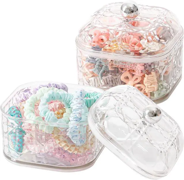 Main image of FABROK 2 Pack Hair Accessories Organizer with Lid, Clear, Small | Plastic Bathroom Vanity Storage Canister Container, For Hair Ties, Beauty Supplies, Cotton Swabs, For Drawer, Cabinet