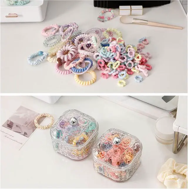 Alt view image 3 of 7 - FABROK 2 Pack Hair Accessories Organizer with Lid, Clear, Small | Plastic Bathroom Vanity Storage Canister Container, For Hair Ties, Beauty Supplies, Cotton Swabs, For Drawer, Cabinet