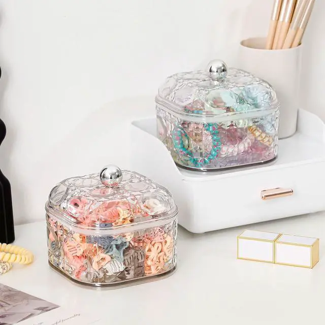 Alt view image 4 of 7 - FABROK 2 Pack Hair Accessories Organizer with Lid, Clear, Small | Plastic Bathroom Vanity Storage Canister Container, For Hair Ties, Beauty Supplies, Cotton Swabs, For Drawer, Cabinet