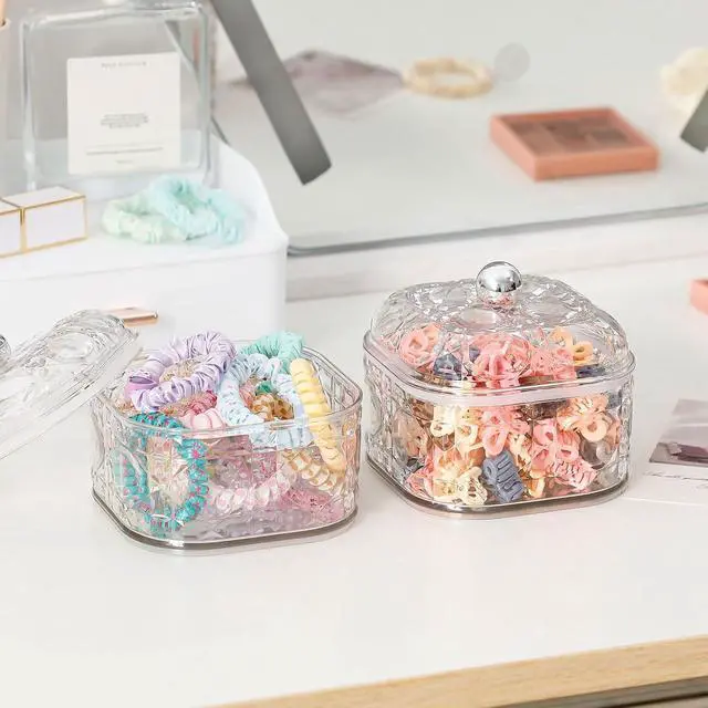 Alt view image 5 of 7 - FABROK 2 Pack Hair Accessories Organizer with Lid, Clear, Small | Plastic Bathroom Vanity Storage Canister Container, For Hair Ties, Beauty Supplies, Cotton Swabs, For Drawer, Cabinet