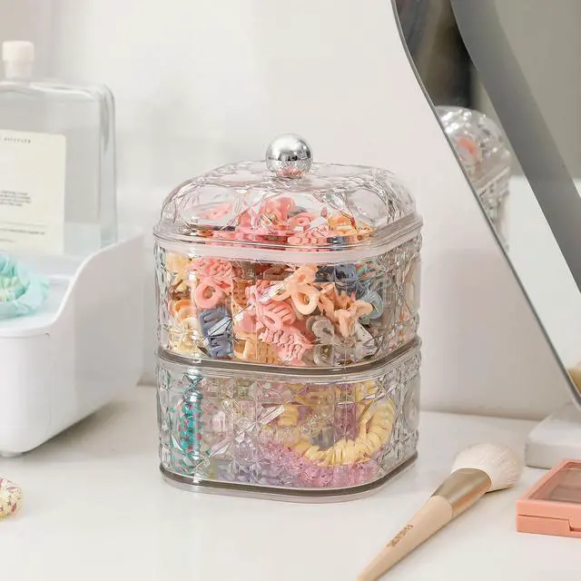 Alt view image 7 of 7 - FABROK 2 Pack Hair Accessories Organizer with Lid, Clear, Small | Plastic Bathroom Vanity Storage Canister Container, For Hair Ties, Beauty Supplies, Cotton Swabs, For Drawer, Cabinet