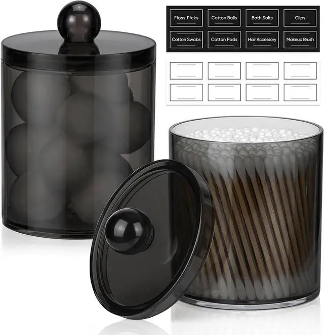 Main image of 2 Pack Acrylic Qtip Holder Dispenser for Cotton Swabs, Balls, Floss Picks | Thick, Clear Black, w/ Labels - Small Canister Apothecary Jar Set, Bathroom Decor Essentials, Shelf Vanity Storage Organizer