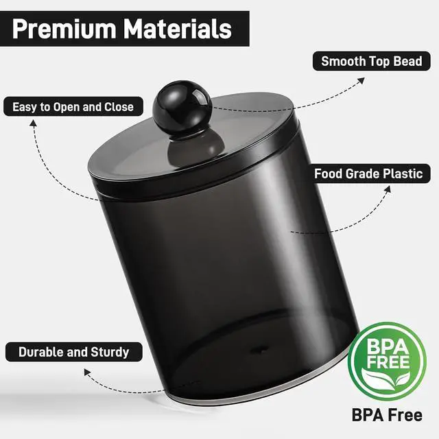 Alt view image 2 of 7 - 2 Pack Acrylic Qtip Holder Dispenser for Cotton Swabs, Balls, Floss Picks | Thick, Clear Black, w/ Labels - Small Canister Apothecary Jar Set, Bathroom Decor Essentials, Shelf Vanity Storage Organizer