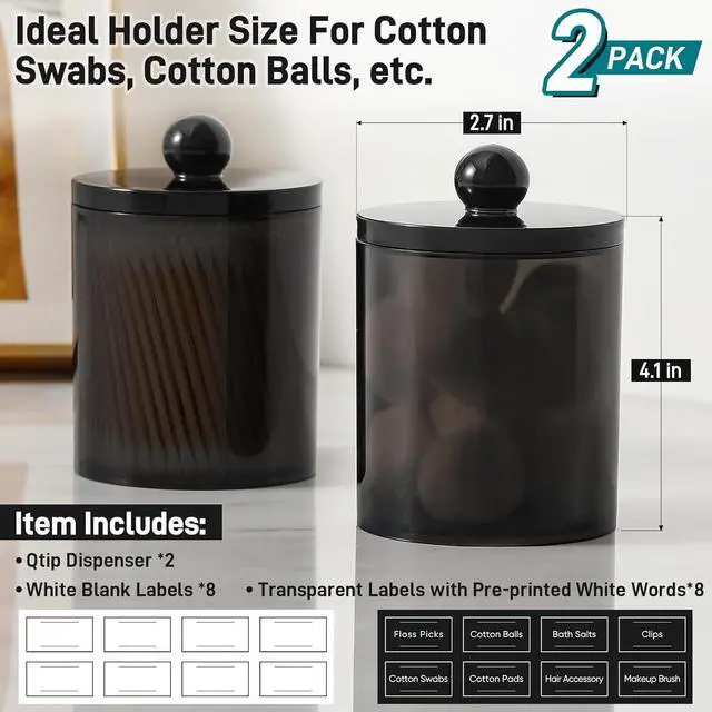 Alt view image 3 of 7 - 2 Pack Acrylic Qtip Holder Dispenser for Cotton Swabs, Balls, Floss Picks | Thick, Clear Black, w/ Labels - Small Canister Apothecary Jar Set, Bathroom Decor Essentials, Shelf Vanity Storage Organizer
