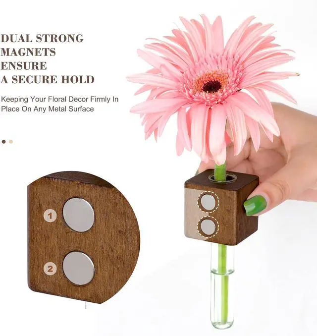 Alt view image 2 of 7 - Magnetic Test Tube Flower Vases for Refrigerator, Set of 2 | Wooden magnetic vases in light and dark finishes for fresh cuttings and plant propagation. Plant not included.