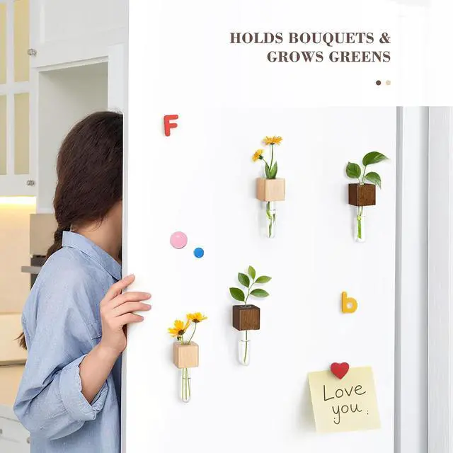 Alt view image 3 of 7 - Magnetic Test Tube Flower Vases for Refrigerator, Set of 2 | Wooden magnetic vases in light and dark finishes for fresh cuttings and plant propagation. Plant not included.
