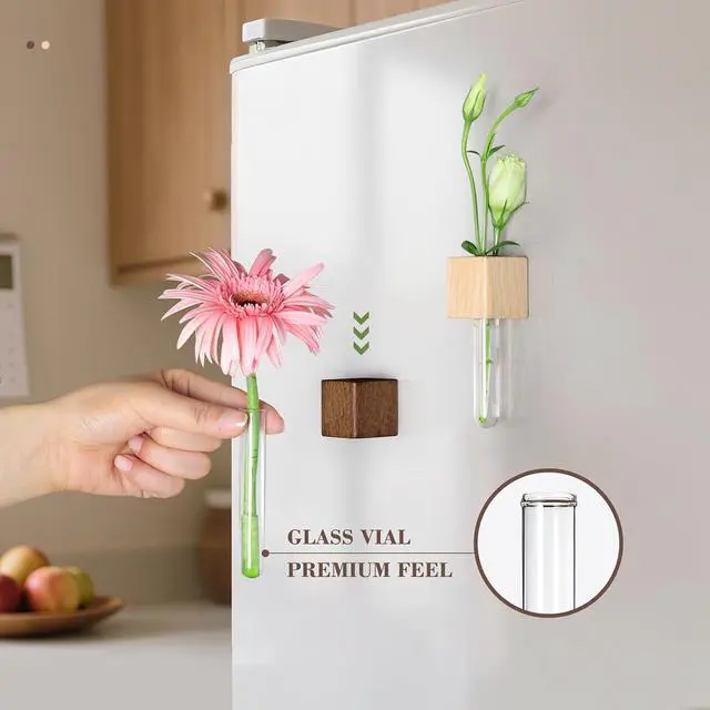 Alt view image 4 of 7 - Magnetic Test Tube Flower Vases for Refrigerator, Set of 2 | Wooden magnetic vases in light and dark finishes for fresh cuttings and plant propagation. Plant not included.