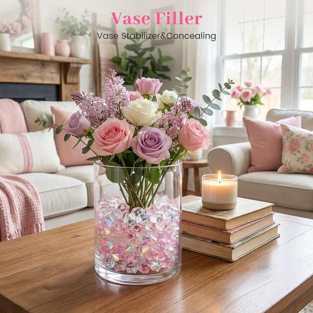 Alt view image 3 of 7 - DOMESTAR 150 PCS Iridescent Fake Ice Rocks, Pink and Clear Acrylic Crystals | Plastic Gems for Vases Fillers, Table Scatter, Tables Centerpieces, Wedding Centerpieces, Fish Tank Craft Supplies