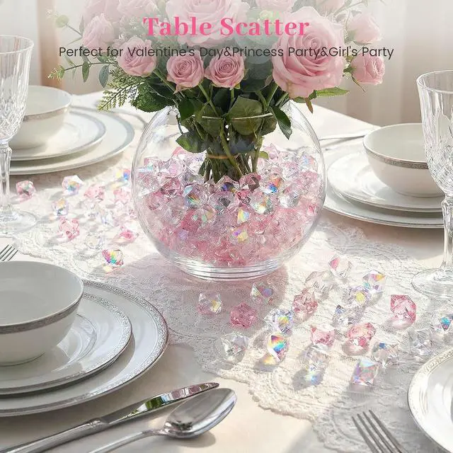 Alt view image 4 of 7 - DOMESTAR 150 PCS Iridescent Fake Ice Rocks, Pink and Clear Acrylic Crystals | Plastic Gems for Vases Fillers, Table Scatter, Tables Centerpieces, Wedding Centerpieces, Fish Tank Craft Supplies