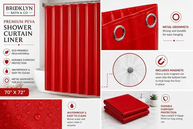 Alt view image 2 of 7 - Home Expressions 3 Guage PEVA Shower Curtain Liner 70"x72" with 3 Magnets at Bottom & 12 Metal Grommet Holes for Your Shower Hooks (RED)