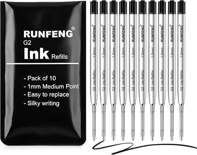 Main image of Pack of 10 Replaceable Ballpoint Pen Refills,G2 Ink Refills | 1mm Medium Point,Twist Pen Refill,Ball Point Pen Refills,Ink Refills for Pens,Black