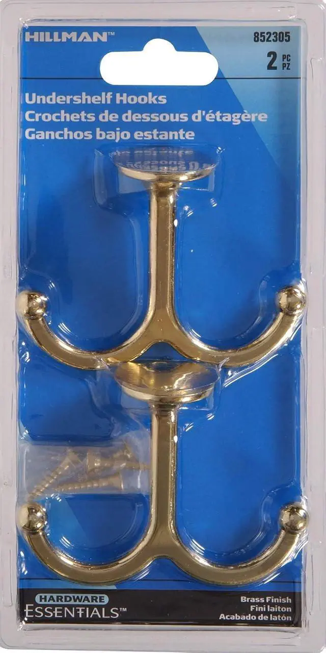 Alt view image 2 of 2 - Hardware Essentials 852305 Under Shelf Coat Hook Brass Plated -2 Pack | Brass construction, Double hook design mounts flush under shelves for coats, hats, bags, towels in closets and bathrooms