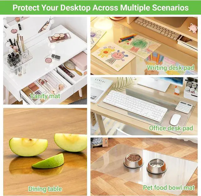Alt view image 3 of 7 - Small Clear Vanity Mat, 23.6"x11.8", Makeup Desk Protector | Anti-Slip, Waterproof, Scratch Resistant, Safe Round Edge, Odorless, Easy Clean, Prevents Vanity Cosmetics & Pet Bowl stains