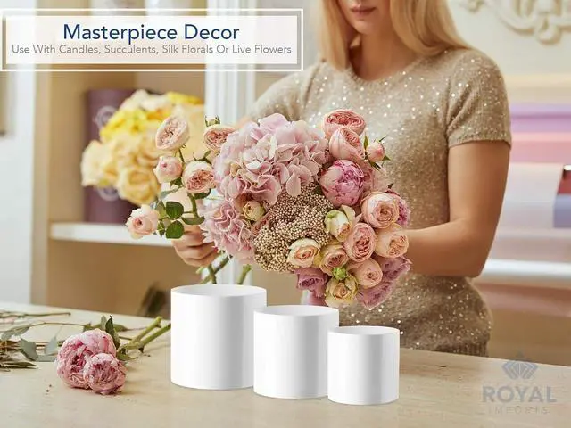 Alt view image 3 of 7 - Royal Imports Flower Acrylic Vases Cylinders - Decorative Centerpiece Display for Home or Wedding - Non Breakable Plastic, 4" - White