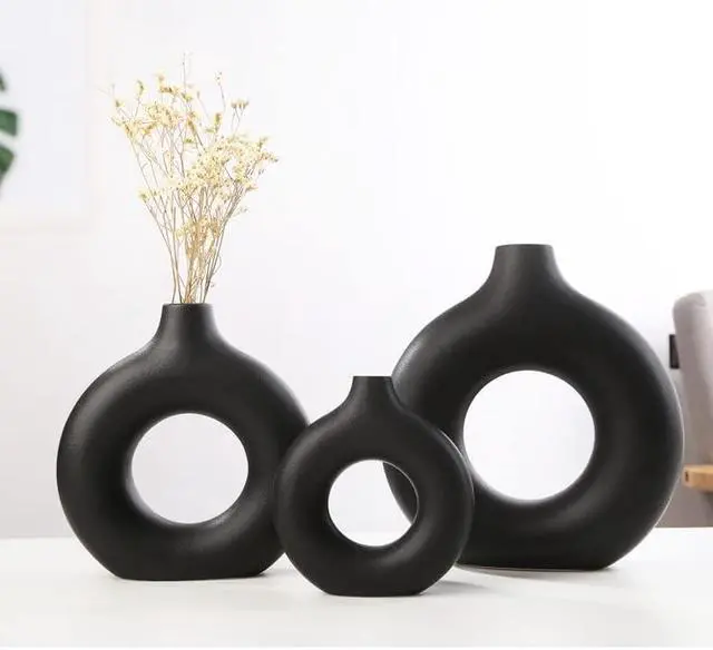 Alt view image 4 of 7 - White Ceramic Vases for Pampas Grass,Water Drop Design Doughnut vase Modern Home Decor Minimalist Nordic Boho Ins Style (Black Mini)