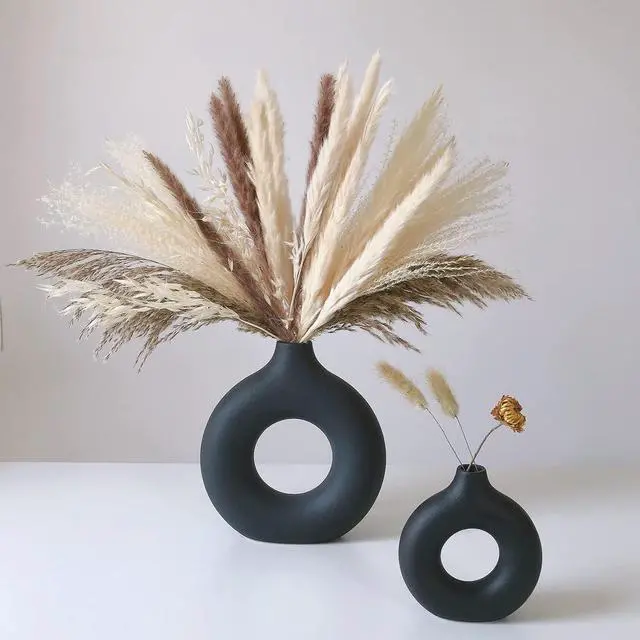 Alt view image 5 of 7 - White Ceramic Vases for Pampas Grass,Water Drop Design Doughnut vase Modern Home Decor Minimalist Nordic Boho Ins Style (Black Mini)
